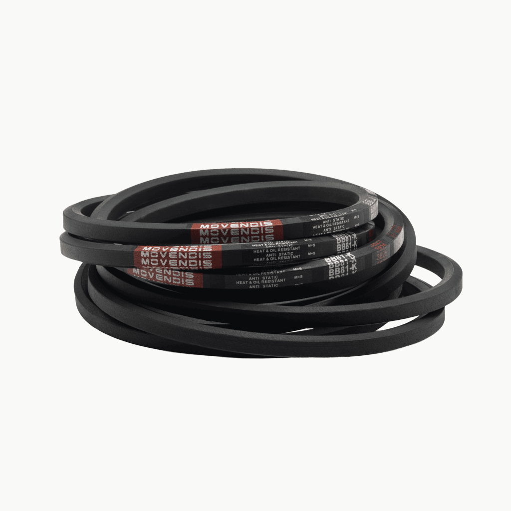 Hexagonal rubber belt with red labels, marked "Movendis" and "Heat & Oil Resistant."
