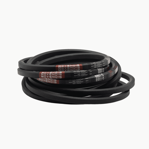 Hexagonal rubber belt with red labels, marked "Movendis" and "Heat & Oil Resistant."