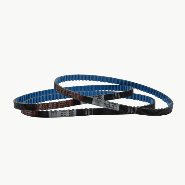 Three black and blue "PowerPlus III" timing belts with textured surfaces are looped together.